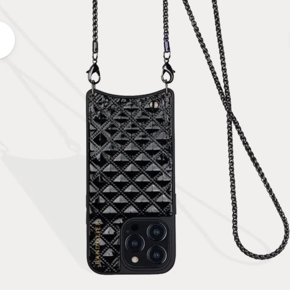 Bandolier Sheila pyramid crossbody phone case in black. iPhone 13 regular size.